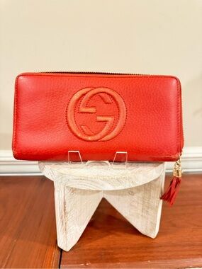 Gucci Red Leather Zip Around Wallet with Tassel